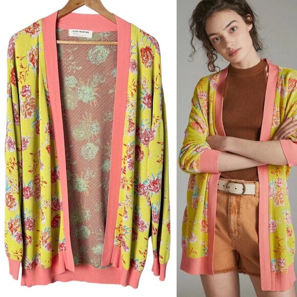 Anthropologie Aldo Martins Marguerite‎ Floral Cardigan Open Front Yellow Pink, M - Picture 1 of 10